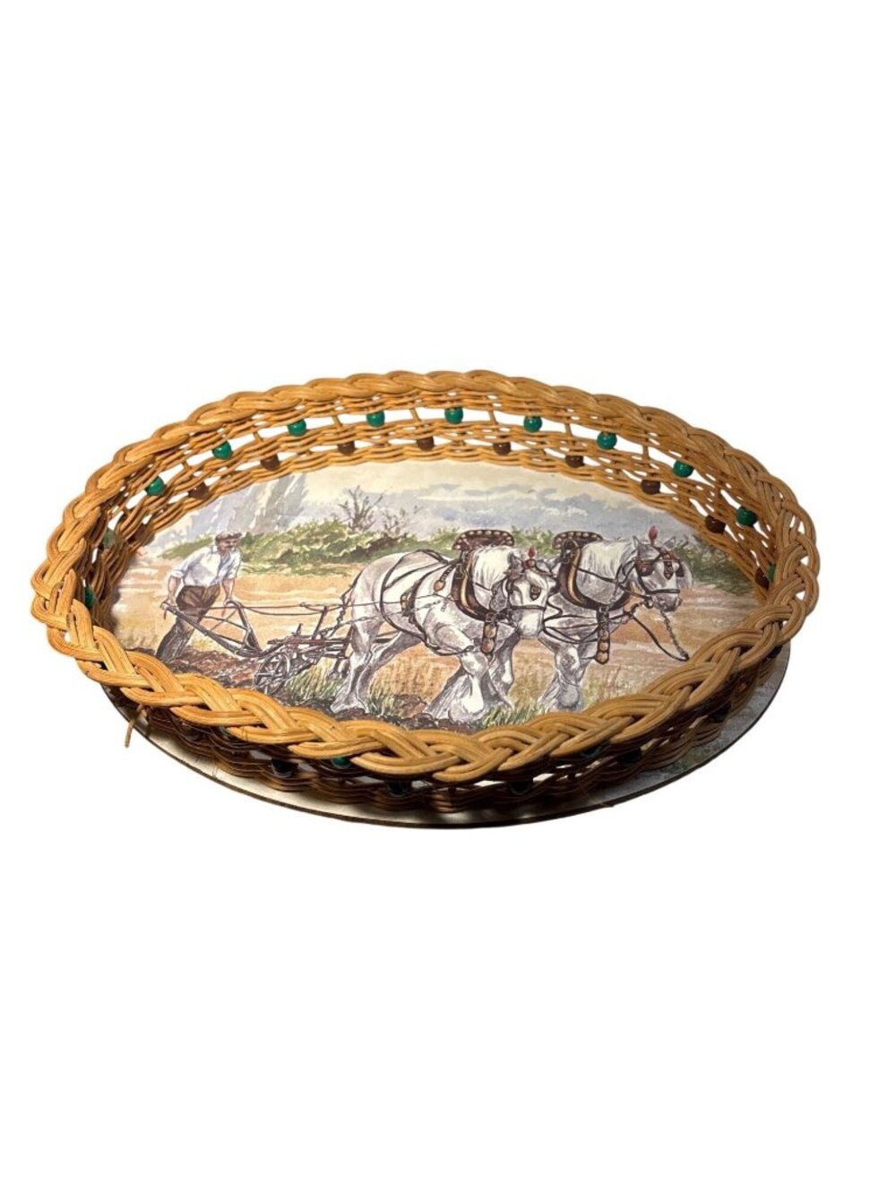 mperial Melamine Wicker Basket Tray Beaded Rim Shires Plowing Scene 12" Vintage